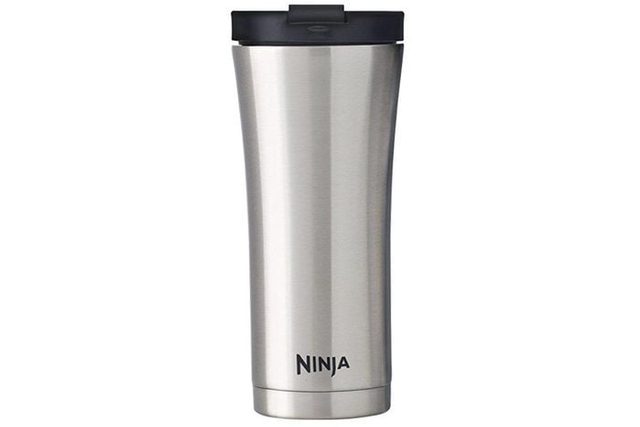 A silver stainless steel travel mug stands upright against a white background, featuring a black lid and 