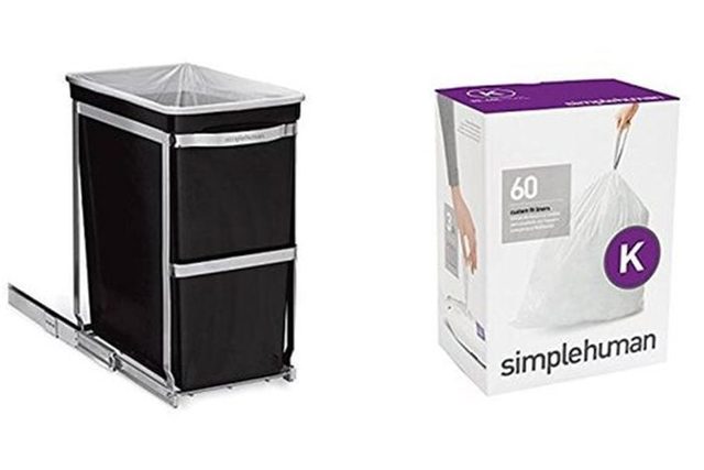 Trash can on a sliding track stands beside a box of 60 trash bags with 