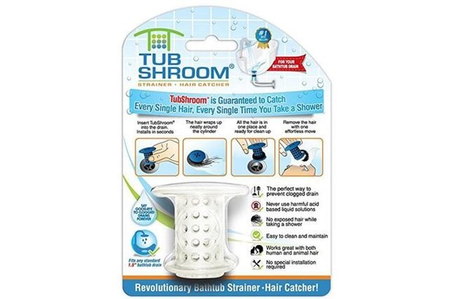TubShroom hair strainer sits in a blue packaging, showing installation and use instructions, promoting it as effective for catching hair in the shower drain.