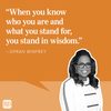 Quote displayed beside smiling woman; quote reads, â€œWhen you know who you are and what you stand for, you stand in wisdom.â€ Orange background.