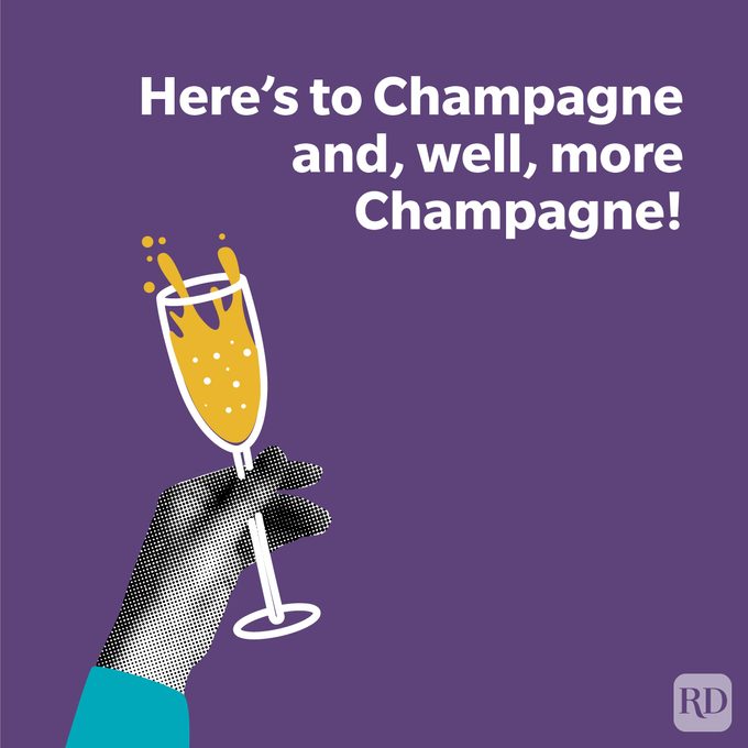 2025 New Year’s Toasts on purple background with modern illustration of hand holding glass of Champagne