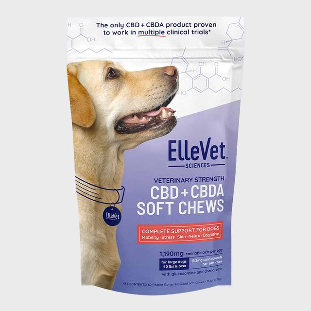 Dog on product packaging displaying ElleVet Sciences CBD+CBDA soft chews for dogs, offering complete support for mobility, stress, skin, neuro, and cognitive health.