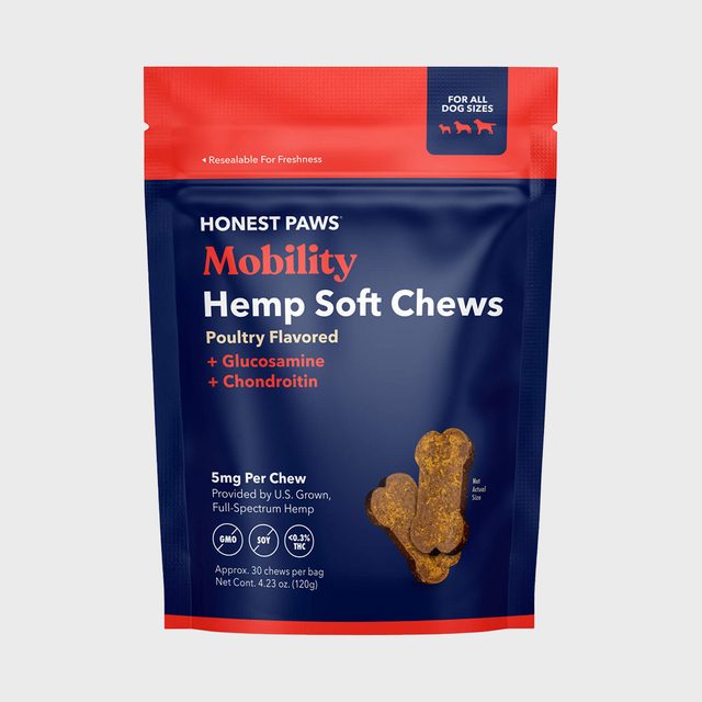Bag displaying dog treats, labeled 