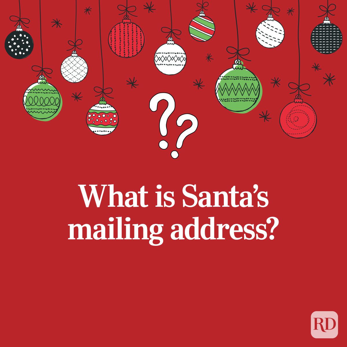 Ornaments hang above two question marks, with text asking, "What is Santaâ€™s mailing address?" against a red background.