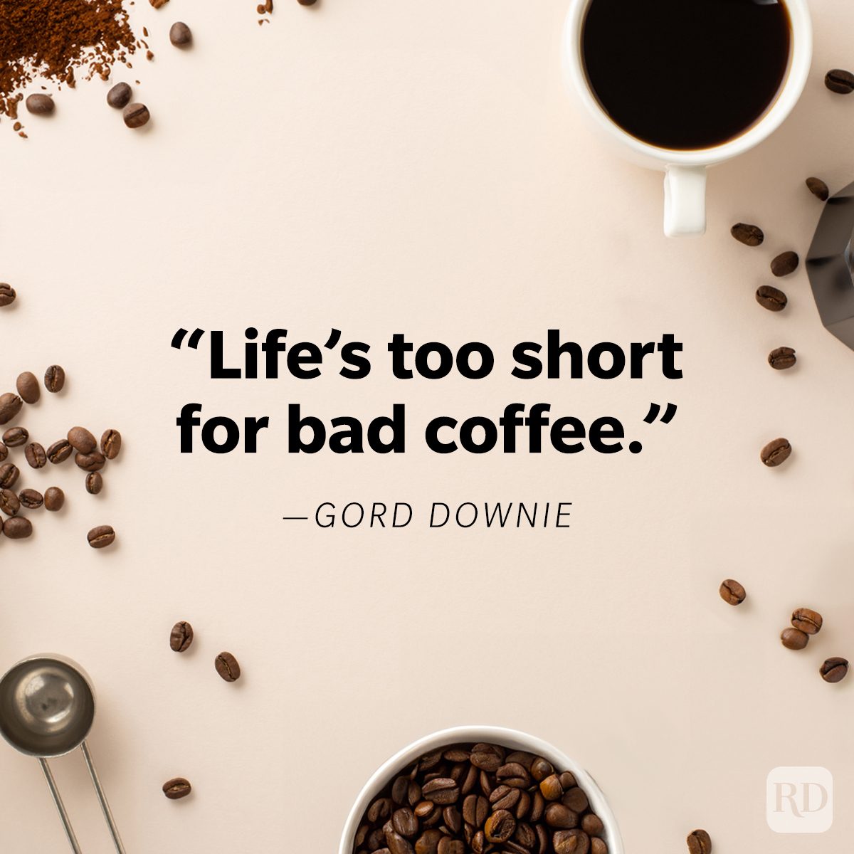 Funny Coffee Quote on flat lay coffee grounds, coffee beans, espresso laid flat on cream background, flat lay