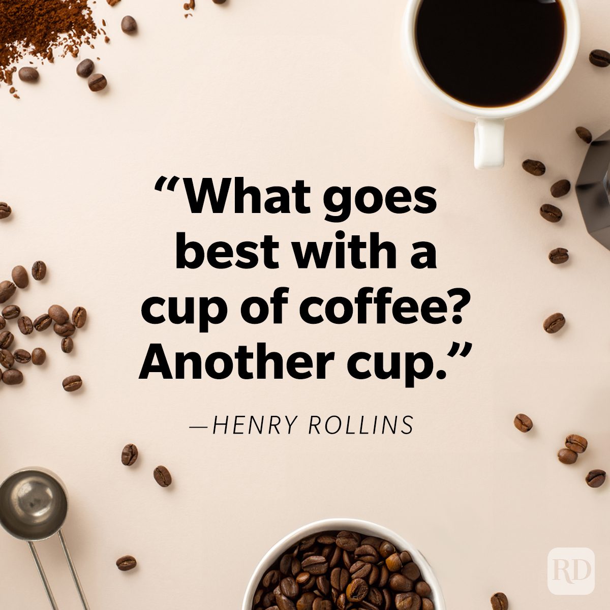 Funny Coffee Quote on flat lay coffee grounds, coffee beans, espresso laid flat on cream background, flat lay