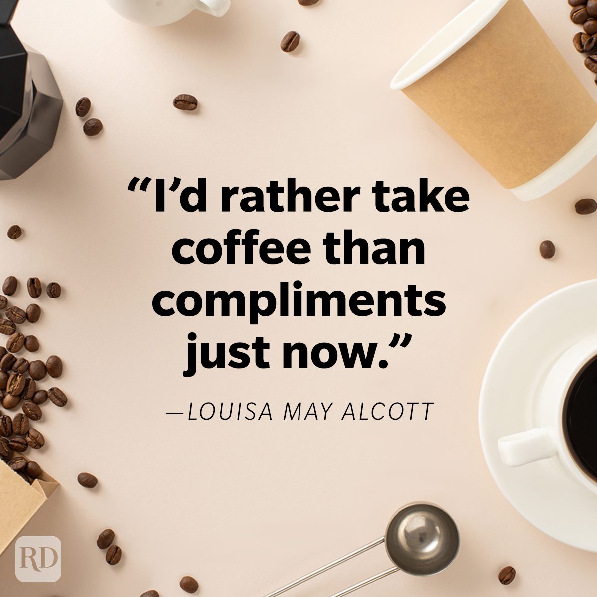 Funny Coffee Quote on flat lay coffee cream, coffee beans, espresso laid flat on cream background, flat lay