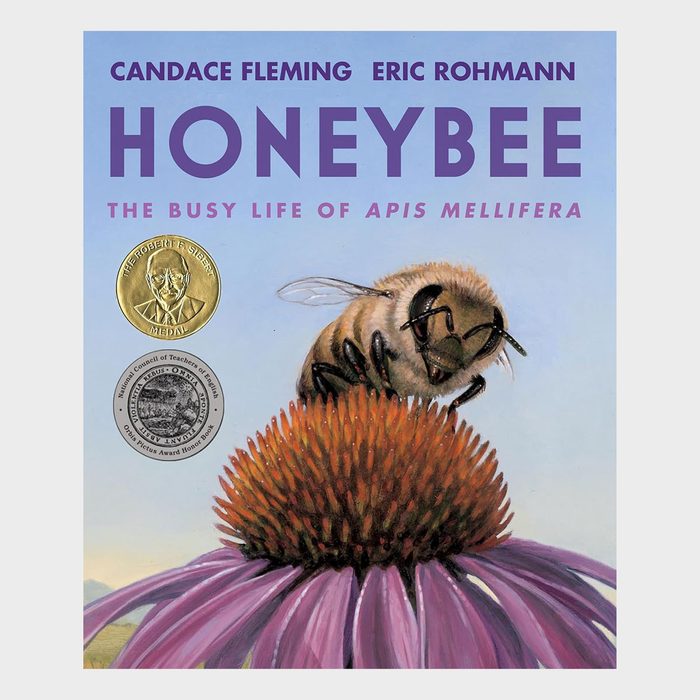 Bee rests on a vibrant flower; two award seals adorn book cover, text: 
