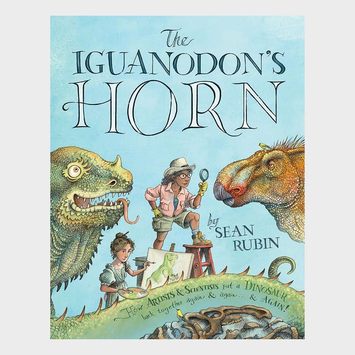 Dinosaurs face a boy with a magnifying glass; a woman paints nearby. Text: 