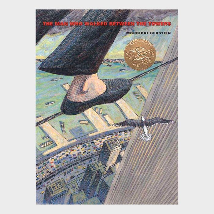 Foot steps on tightrope above cityscape with buildings and river; a bird flies below. Text: â€œThe Man Who Walked Between the Towers, Mordicai Gerstein.â€