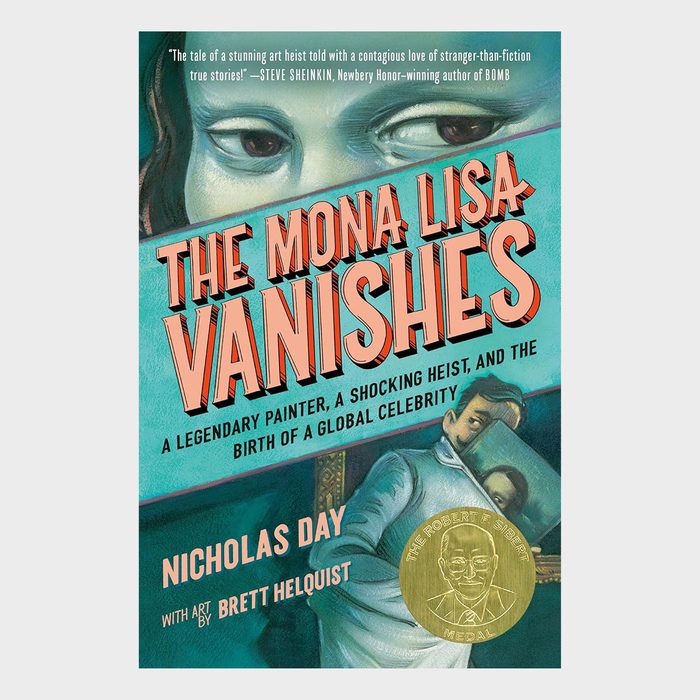 A book cover shows Mona Lisa being carried away by a man; bold text reads 