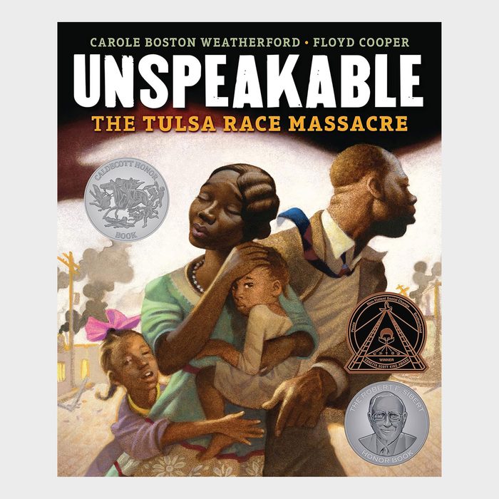 Book cover shows a family huddling amidst chaos; awards and text describe 