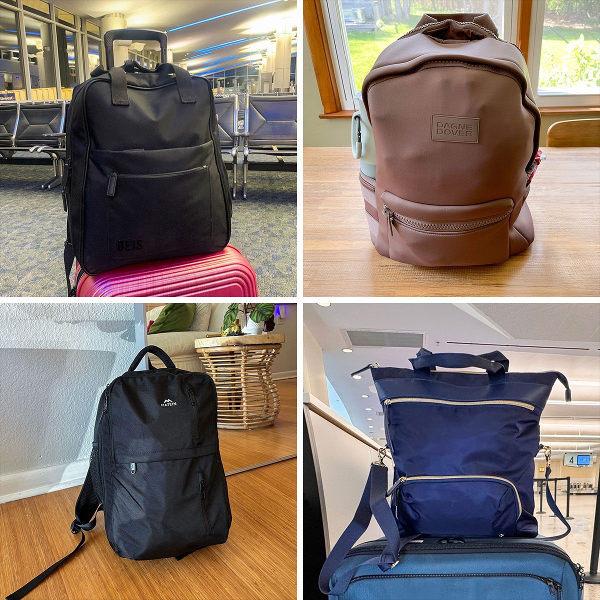Four backpacks displayed in various indoor settings: a black bag on a pink suitcase, a brown bag on a table, a black bag on flooring, and a blue bag on luggage.