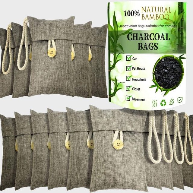 Bags displayed in pairs with buttons and loops, accompanied by packaging highlighting their use: car, pet house, household, closet, and basement with bamboo illustration.