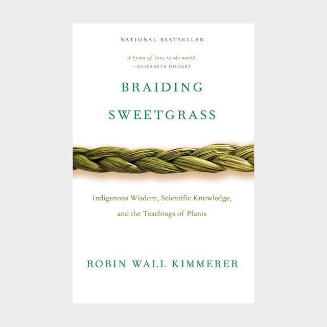 A book cover features braided sweetgrass, listing it as a national bestseller by Robin Wall Kimmerer, discussing indigenous wisdom and plant teachings.