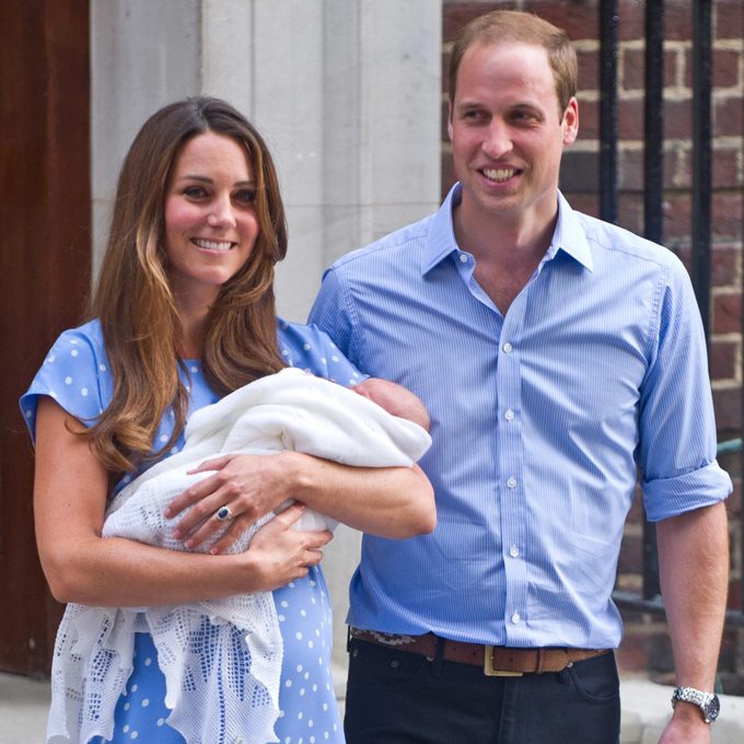 Catherine, Duchess of Cambridge, Leave St. Mary's Hospital in London Following the Birth of Prince George. The Duchess Wears a Blue Polka Dot Dress