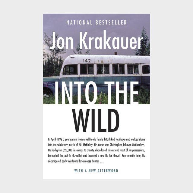Book cover features a bus in wilderness; text 