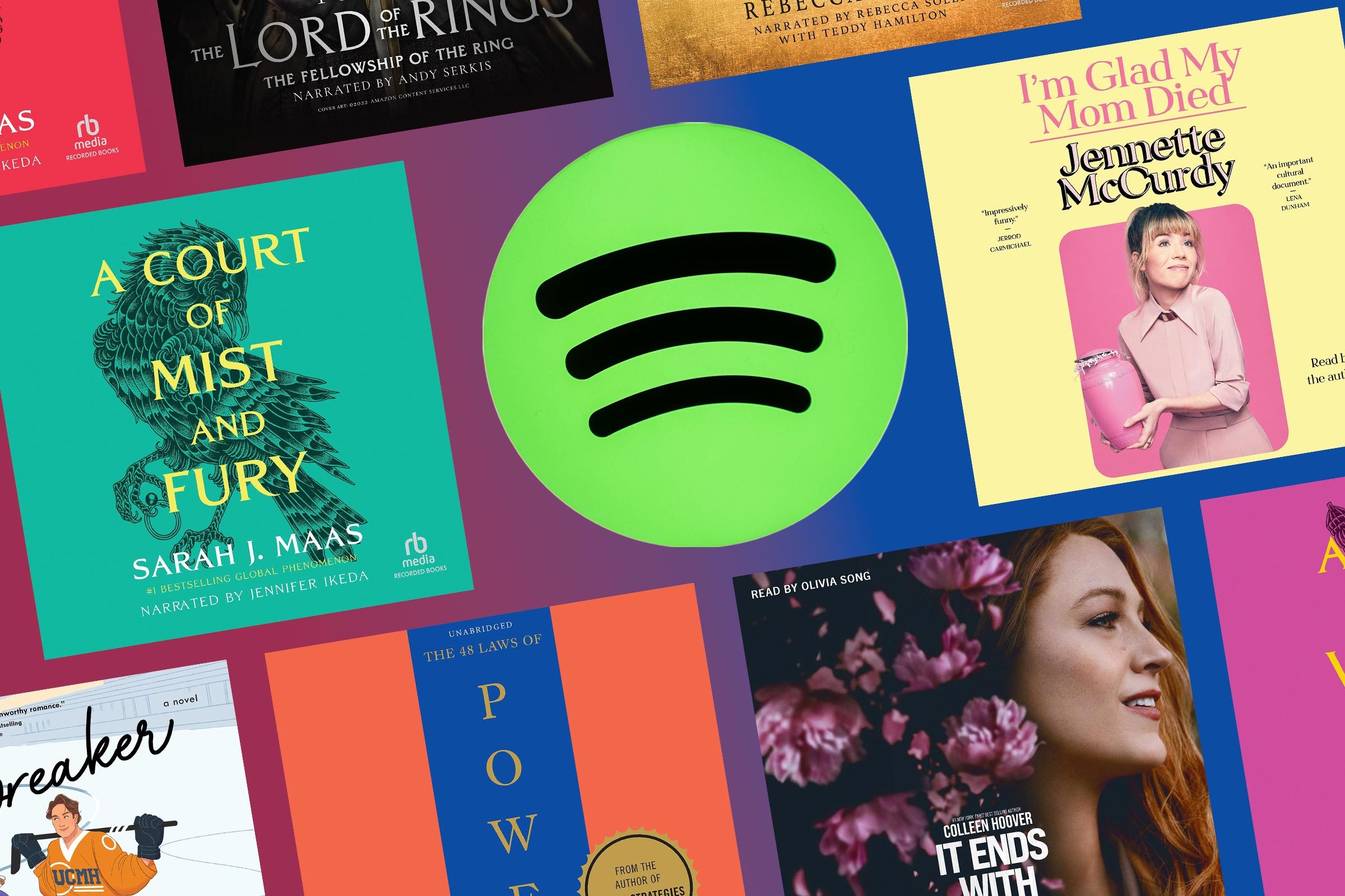 Spotify logo centered among various audiobook covers on a colorful background, featuring titles like "A Court of Mist and Fury" and "It Ends With Us."
