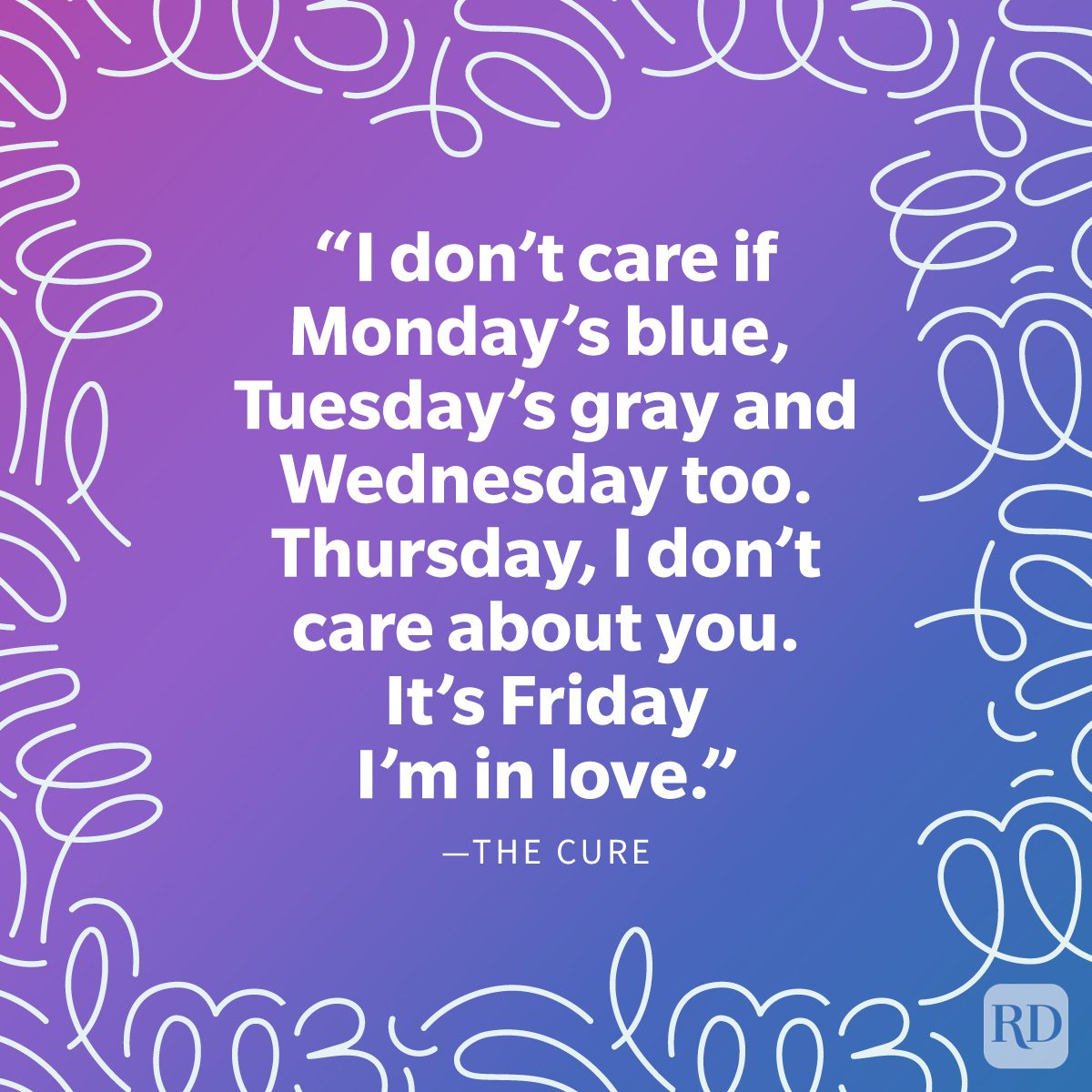 Friday Quote on vibrant gradient background with doodle swirls around the frame