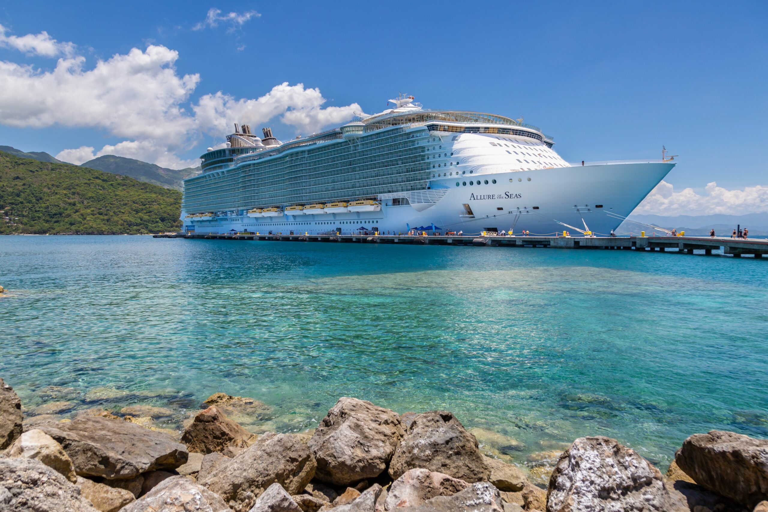 Royal Caribbean Allure of the Seas cruise ship at the pier on Royal Caribbean's private coastal peninsula of Labadee, Haiti