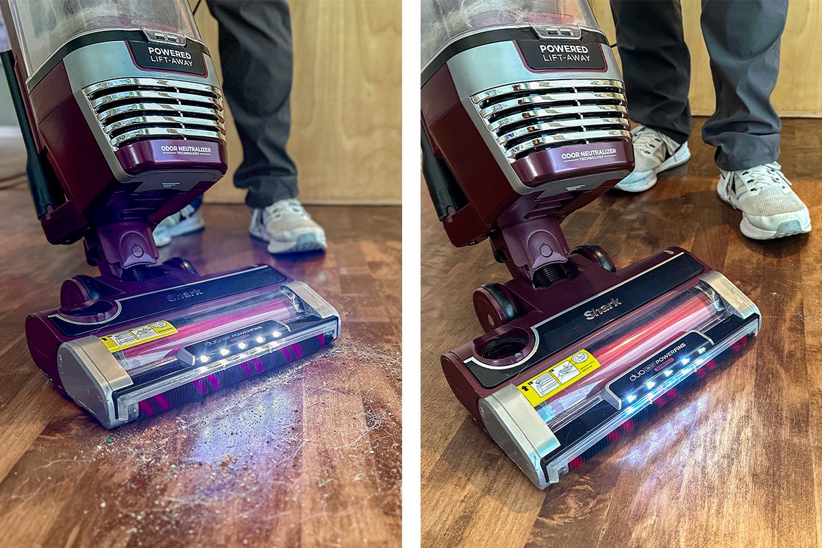 Two images showing a person vacuuming a wooden floor with a red vacuum cleaner. The left image shows the vacuum over scattered debris, while the right image shows the floor clean after vacuuming. LED lights are illuminated on the vacuum's base.