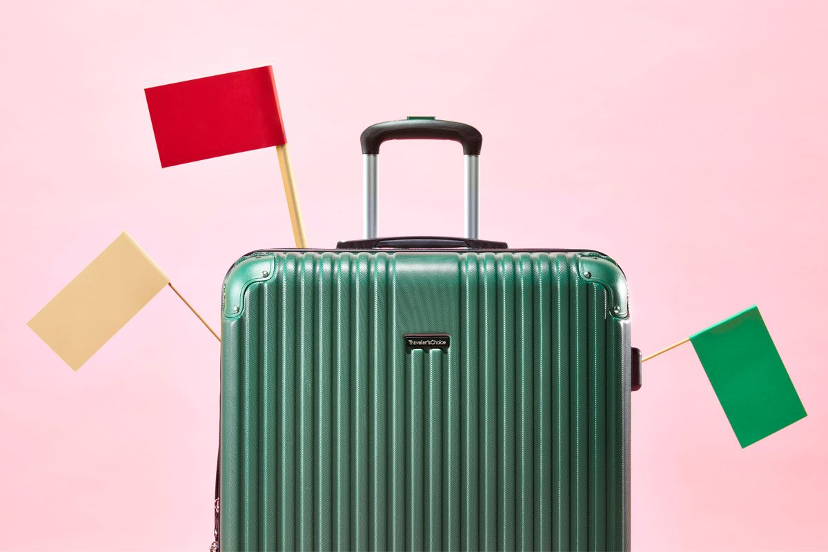 close up of a large, green suitcase with a beige flag, red flag, and green flag against a pink background