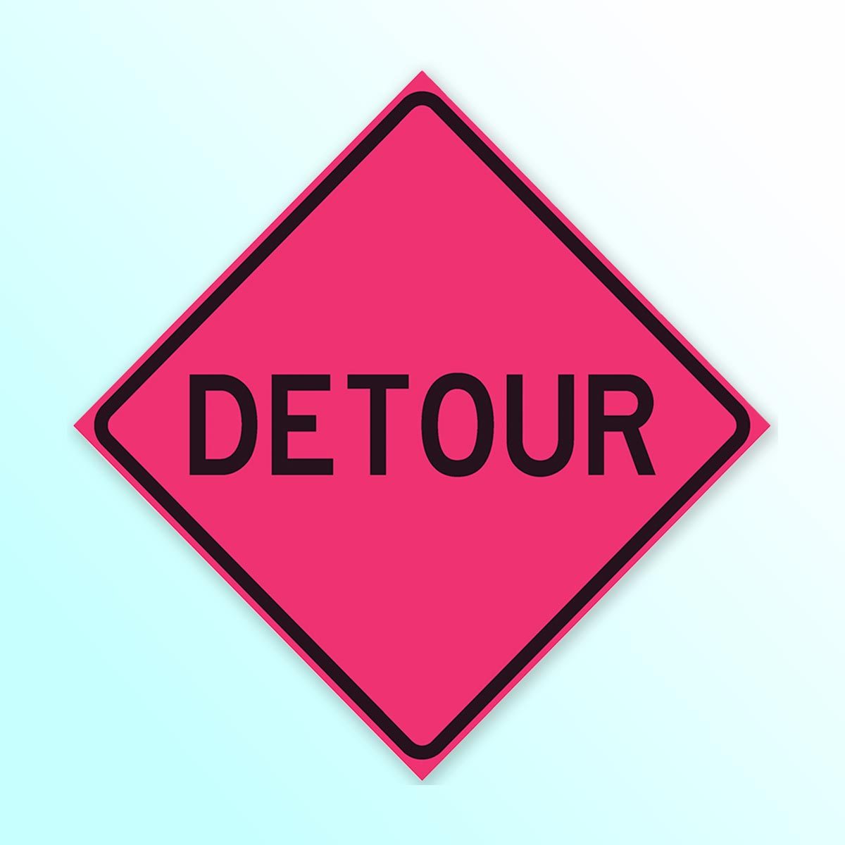 Pink traffic diamond that says "Detour" on a light blue background