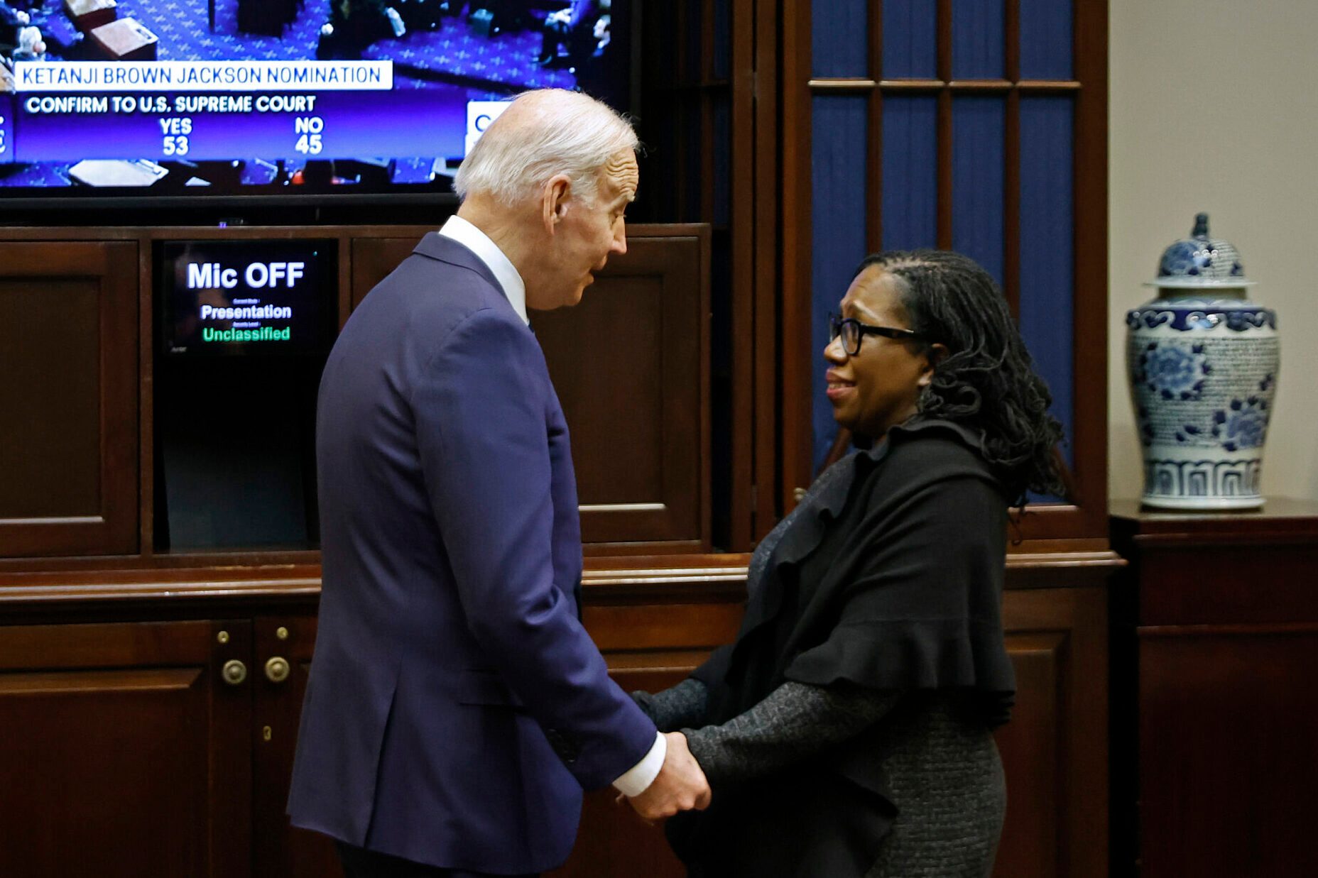 President Biden And Ketanji Brown Jackson Watch As Senate Votes On Supreme Court Nomination