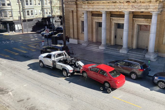 High angle view of a car being towed in San Francisco, California.