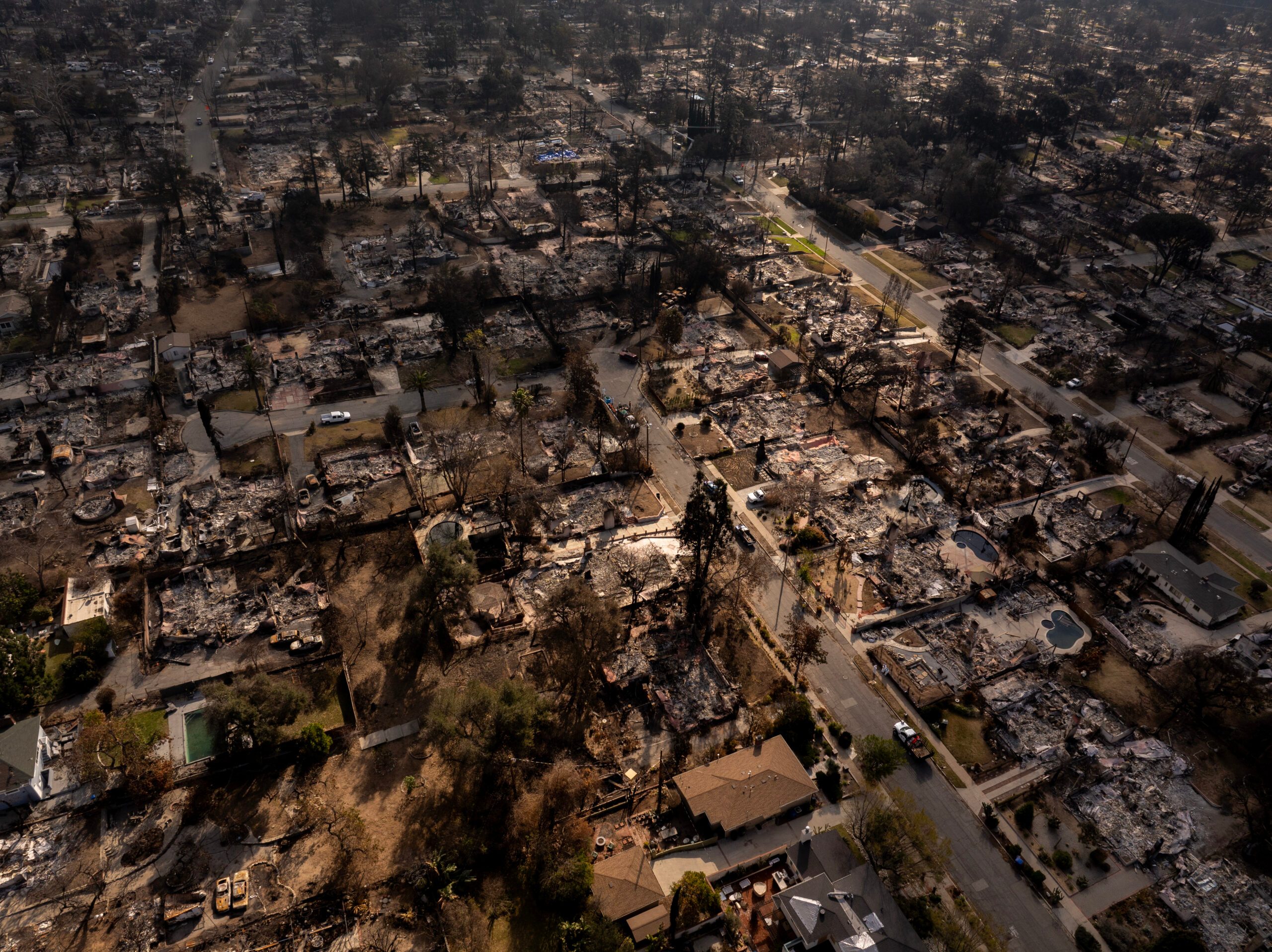 Aerial view of destroyed homes in the Eaton Fire outside of Los Angeles