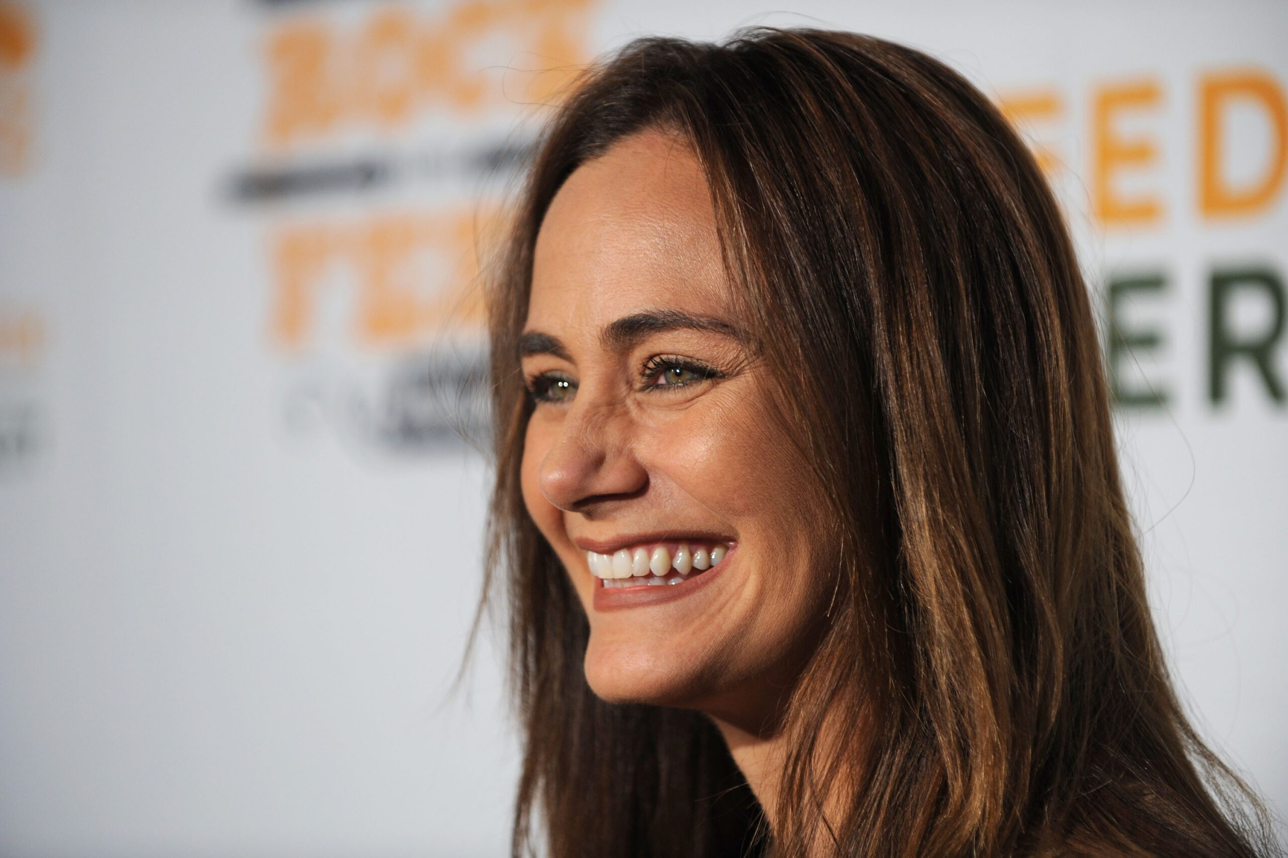 Close-up of Diane Farr on a red carpet