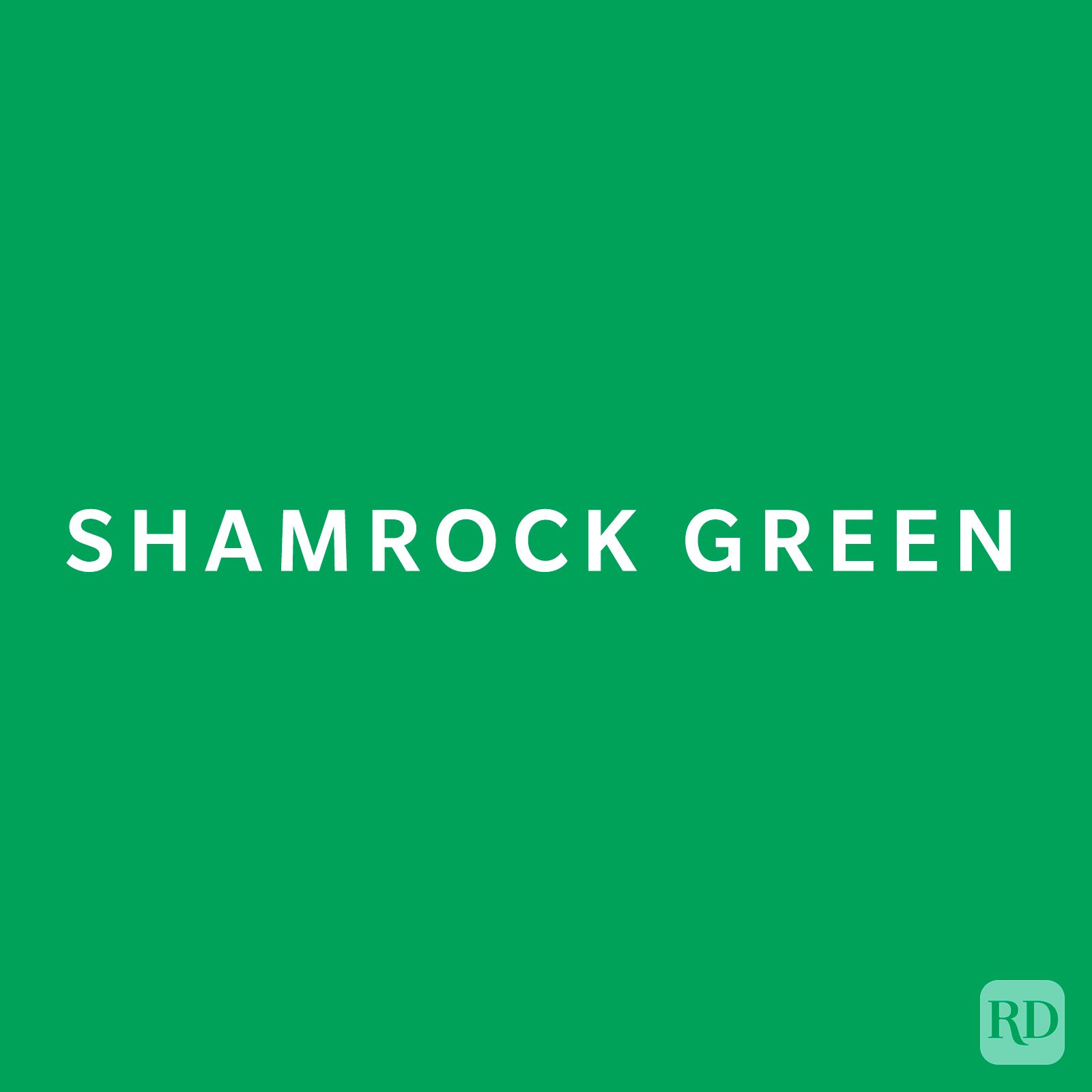 A solid green background with the words "SHAMROCK GREEN" in white, centered in the middle. There's a small "RD" logo in the bottom right corner.