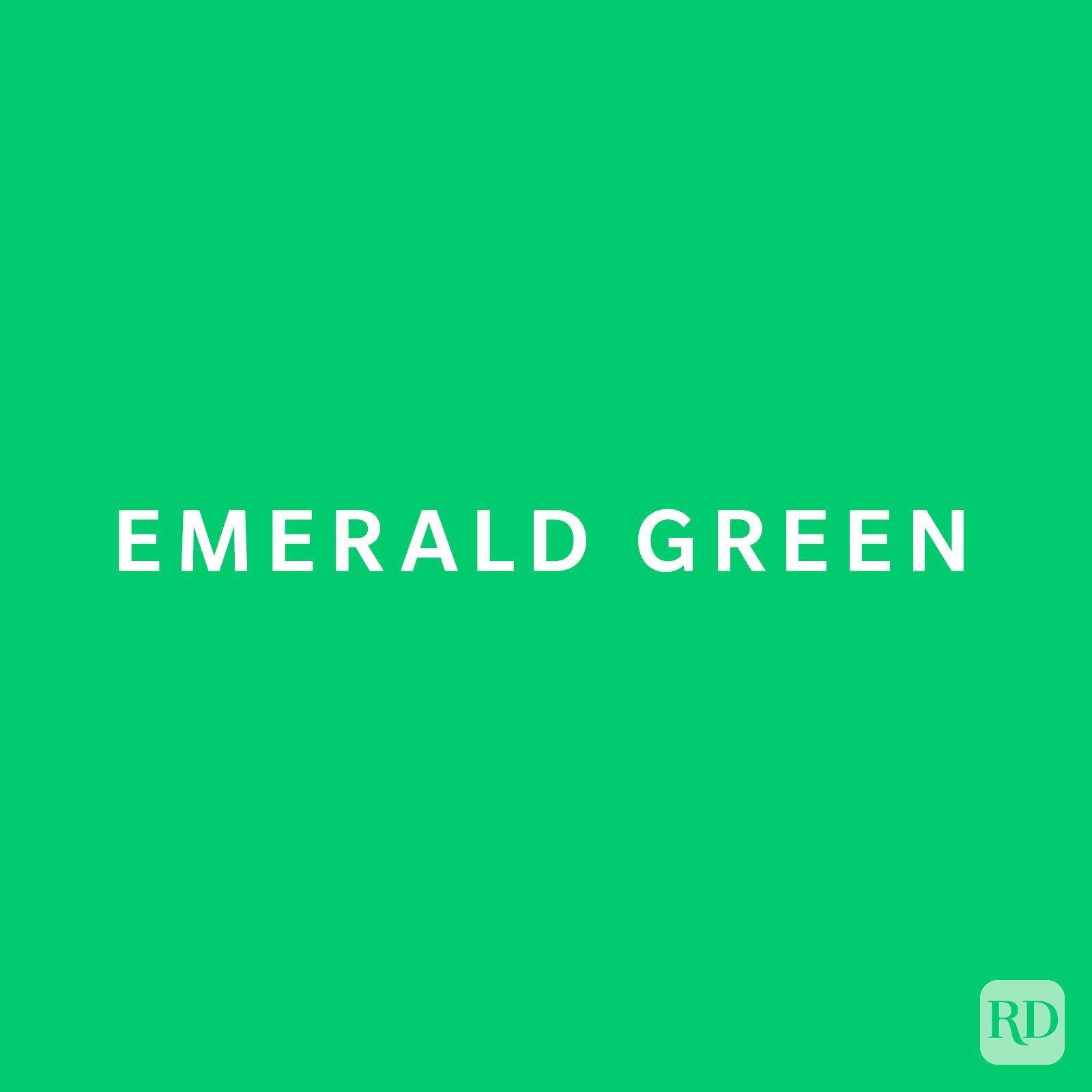 Text "Emerald Green" in bold white letters centered on a solid emerald green background. A small "RD" logo is in the bottom right corner.