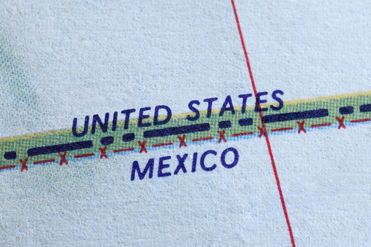 close up of map showing us Mexico border