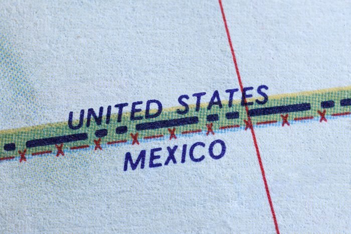 close up of map showing us Mexico border