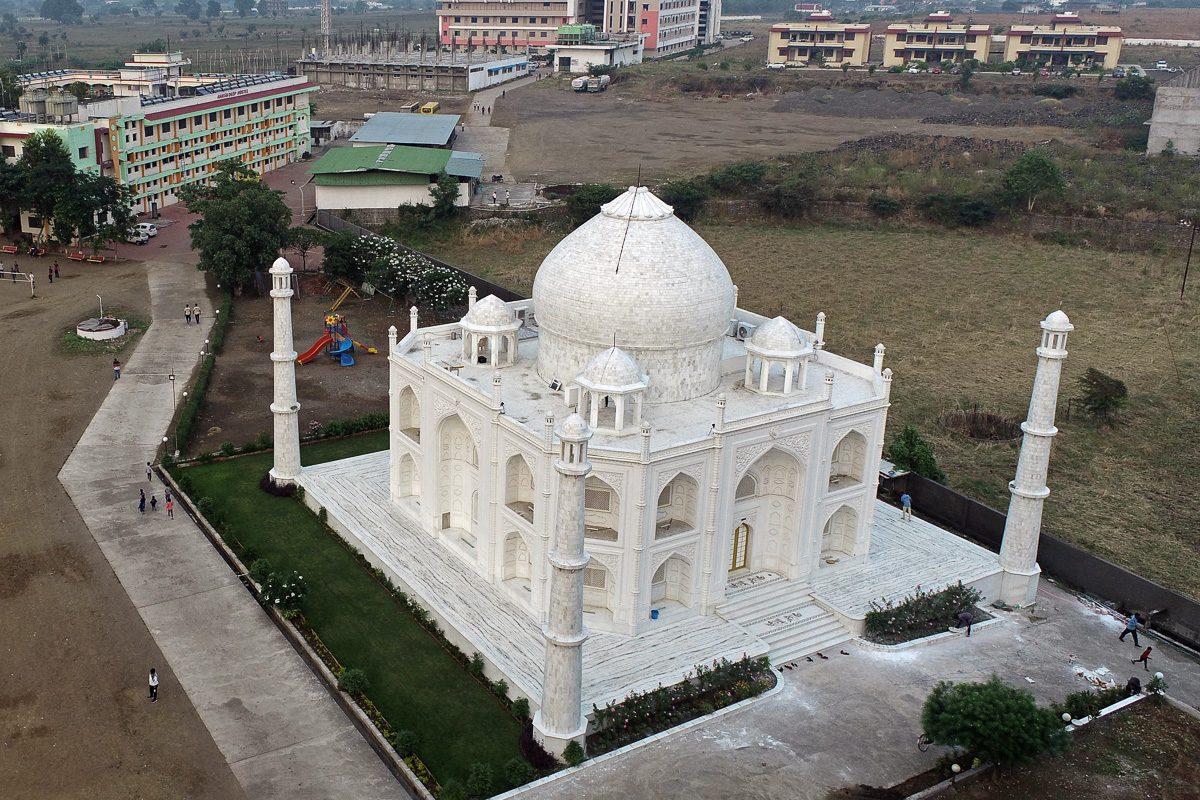 aerial view of a replica of the Taj Mahal