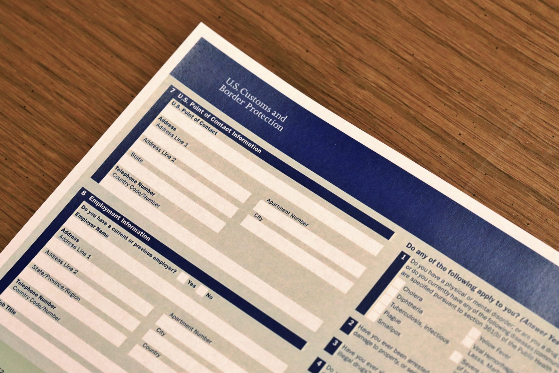 Visa application from the US Custom and Border Protection
