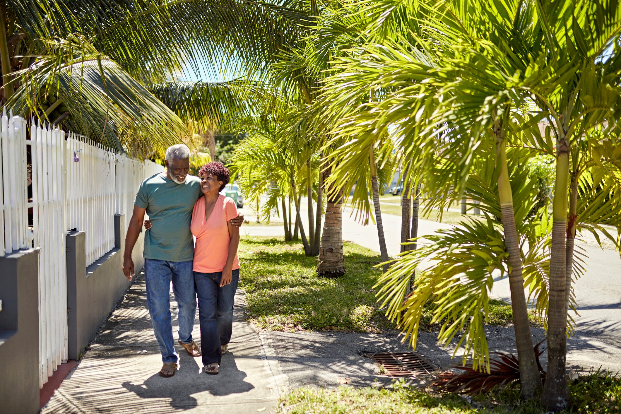 Miami seniors walking together in residential district