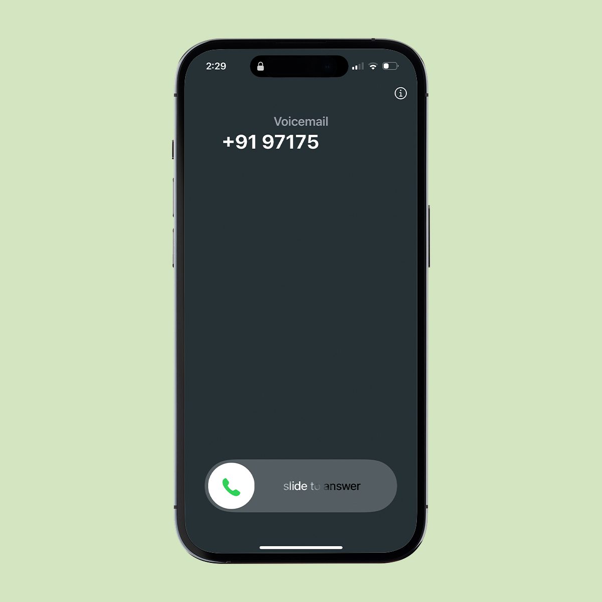 A smartphone displaying an incoming call screen with a green background. The caller ID shows "+91 97175" labeled as "Voicemail." The options "Slide to answer" appear at the bottom of the screen.