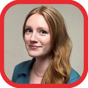 A person smiles against a plain white background, framed within a rounded red border.