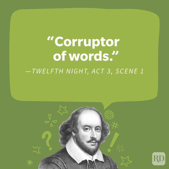 Shakespeare drawing cutout with funny insult doodles around with a callout depicting an insult quote on green background