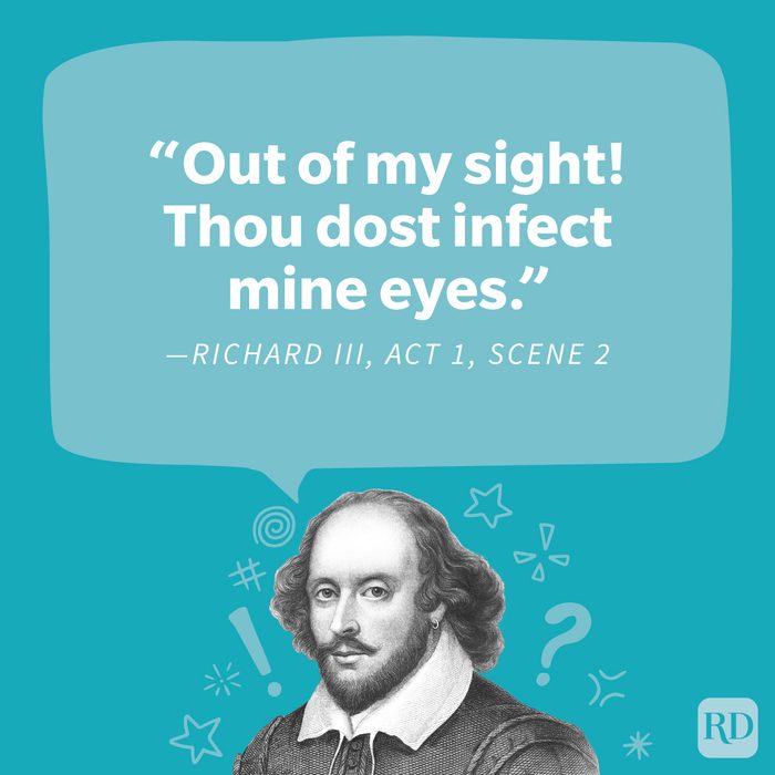 Shakespeare drawing cutout with funny insult doodles around with a callout depicting an insult quote on blue background