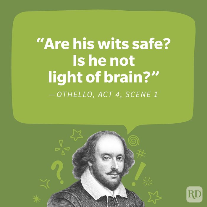 Shakespeare drawing cutout with funny insult doodles around with a callout depicting an insult quote on green background