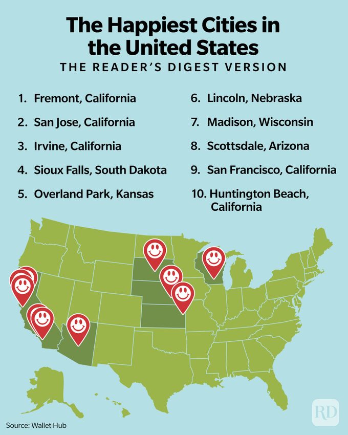 infographic listing the top happiest cities in america with a map showing the location of the cities with smiley face pointers
