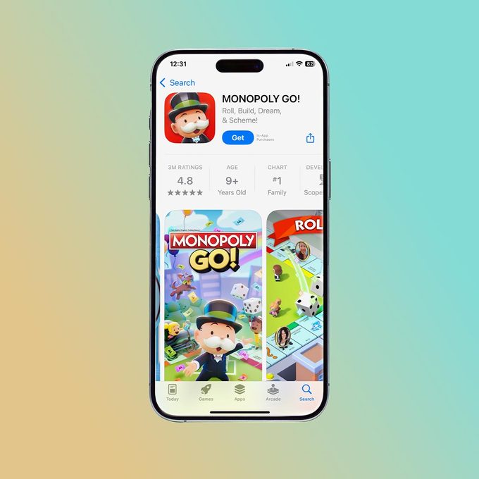 Monopoly Go app page in the Apple app store on an iPhone, with a yellow and blue background