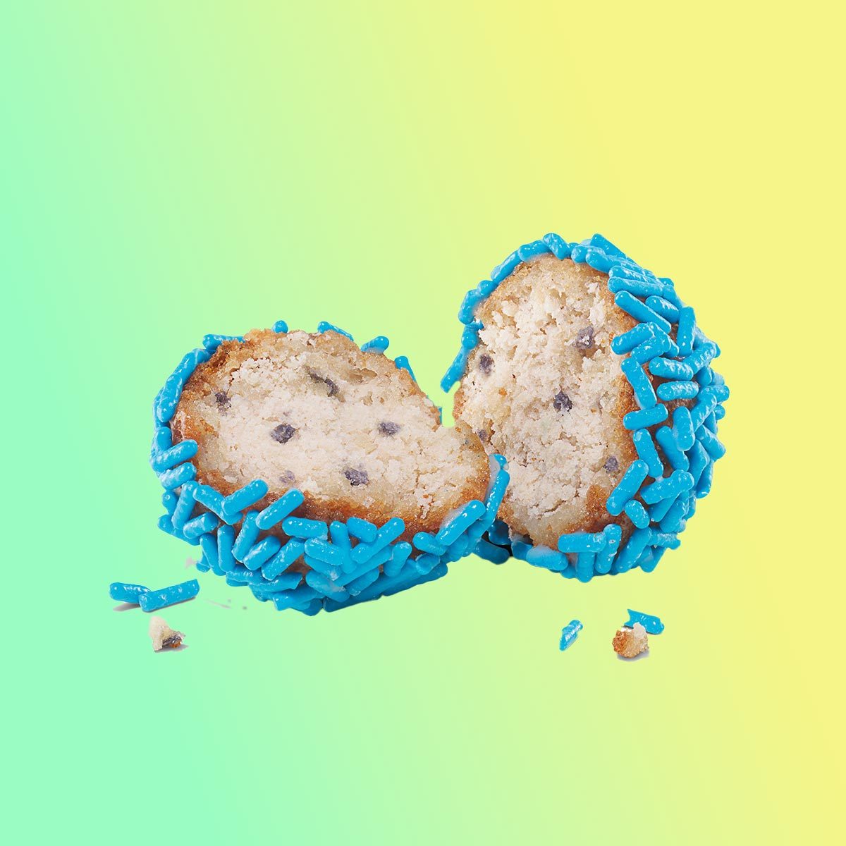 Blueberry sprinkle munchkin donut holes on a green and yellow background